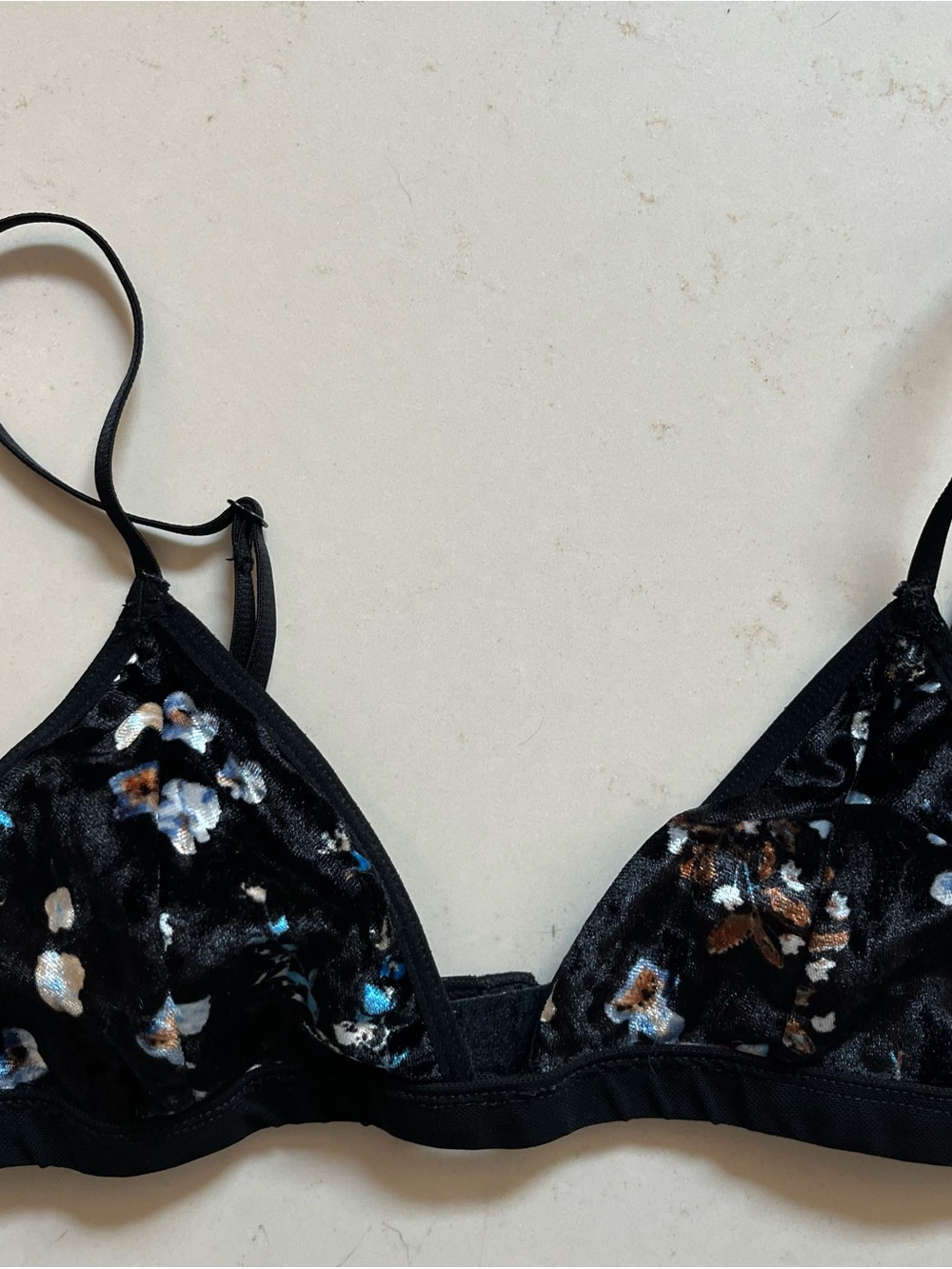 Free People Black Velvet Floral Bralette with Blue & Brown Accents